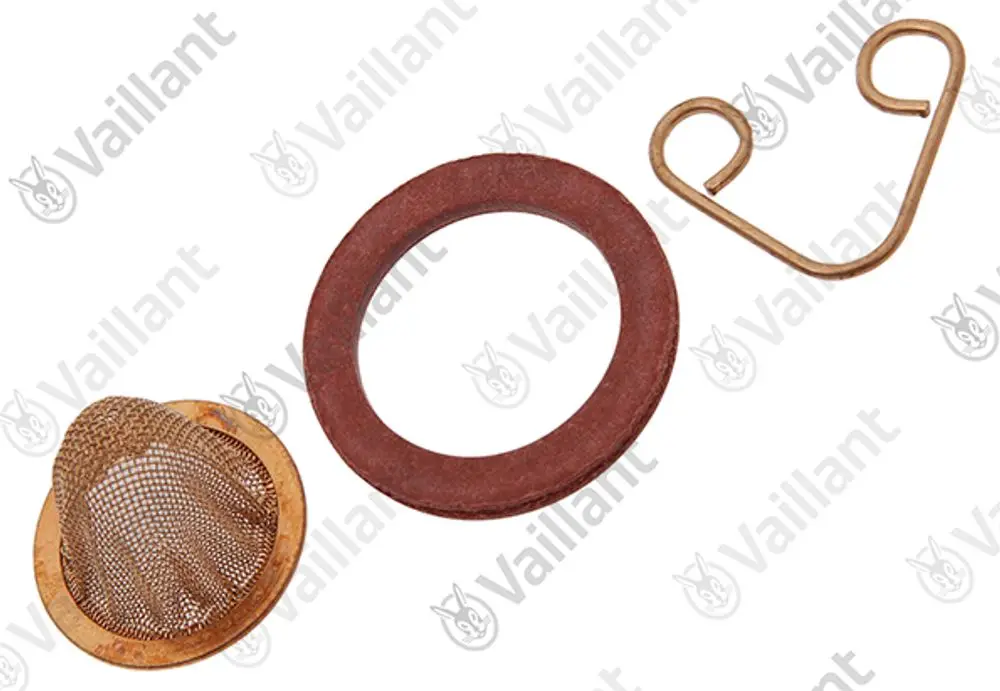 Vaillant-Bauteile bestehend aus einem Metallsieb, einem runden Dichtungsring und einem Halteclip.